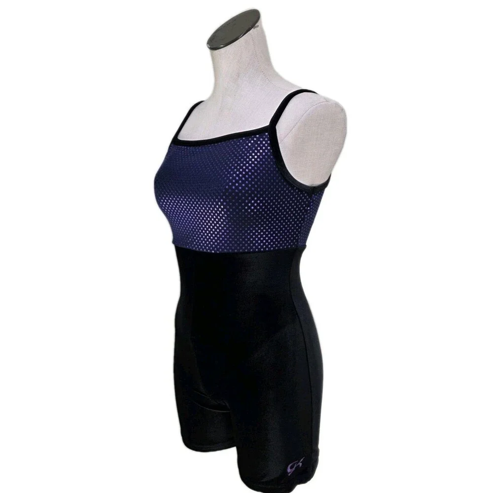 GK Elite VTG Purple Pixelated Metallic Black Velvet Logo Biketard Leotard AL
